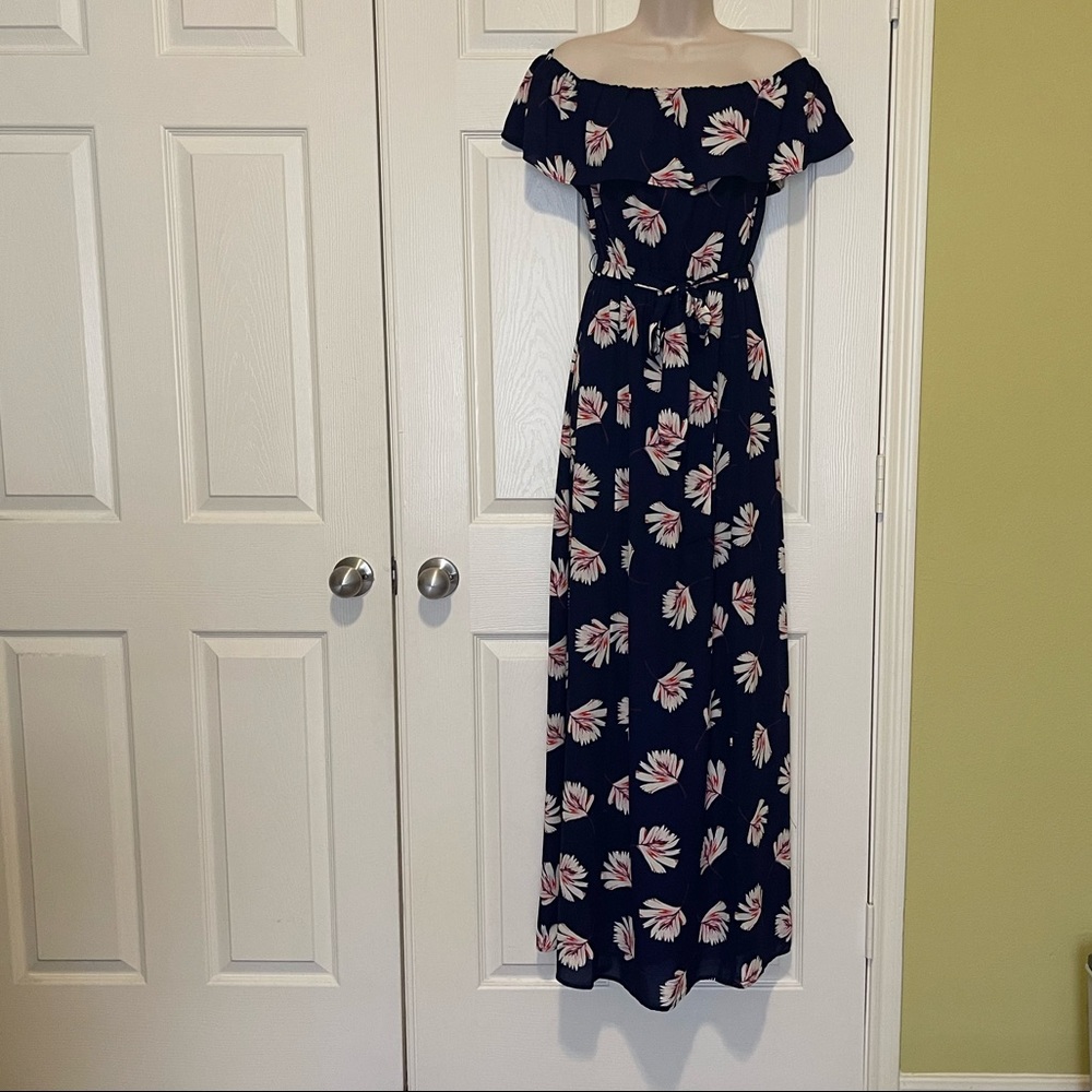 Express Off The Shoulder Belted Floral Maxi Dress